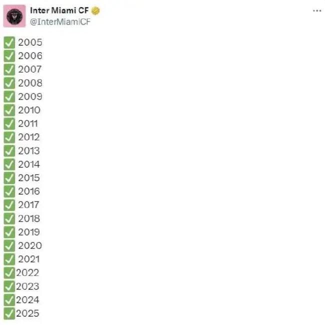 梅西2025年首球 迈阿密外洋晒梅西贯串21年进球